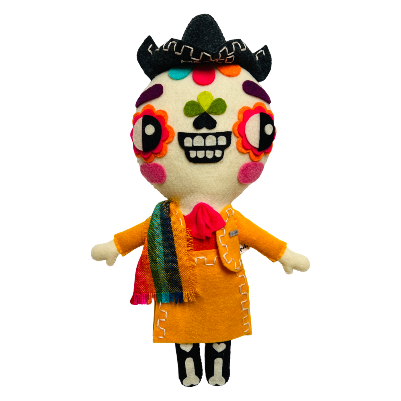 Felt mariachi calavera doll with a yellow traditional mariachi outfit