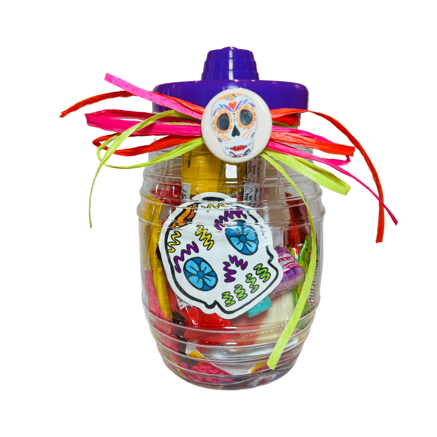 clear jar filled with Mexican candy and features a skull sticker, skull pin, colorful ribbon and a purple lid.