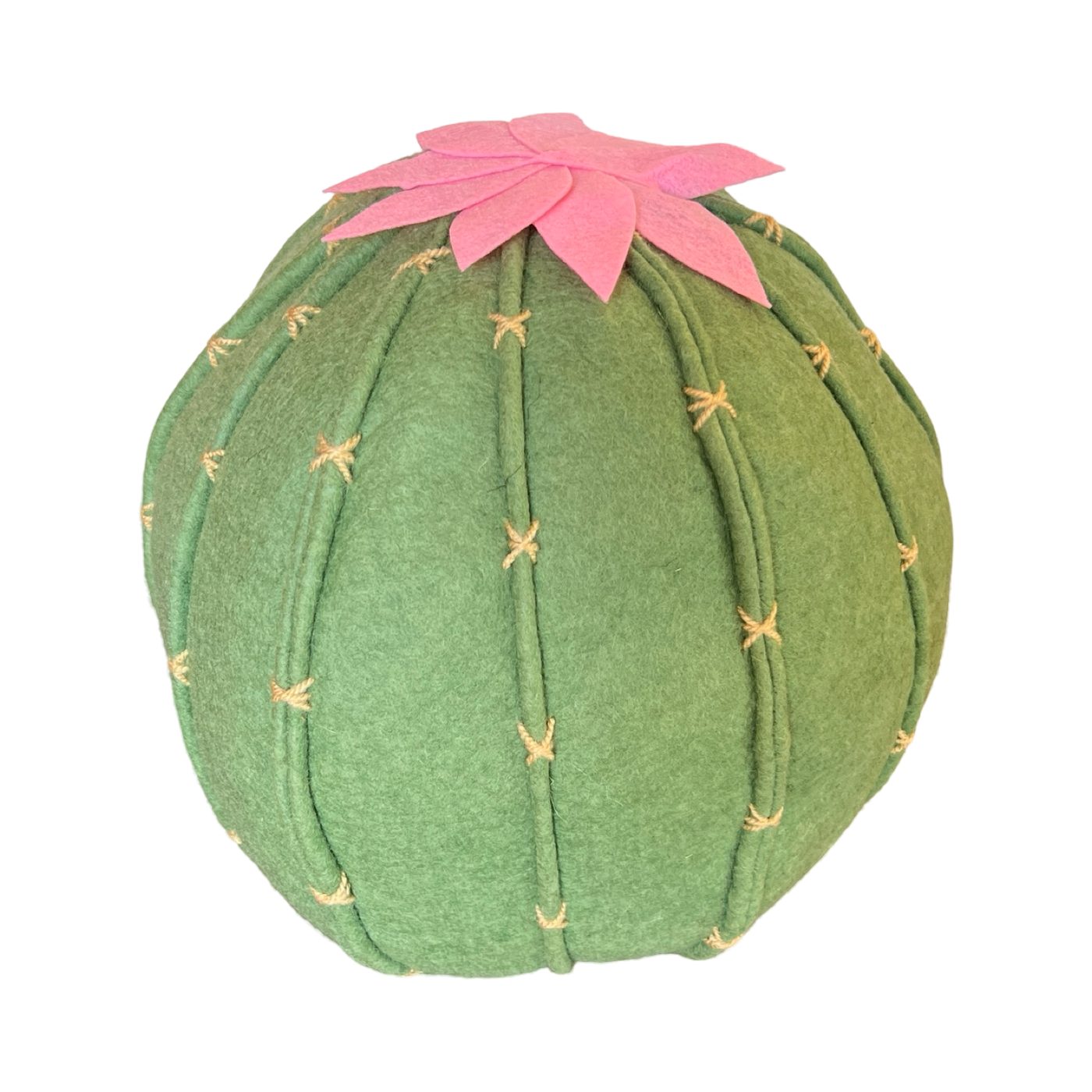 top view of a felt light green cactus  shaped pillow with a pink flower on top.