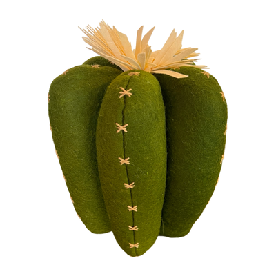 top view of a dark side view of a felt dark green cactus shaped pillow.