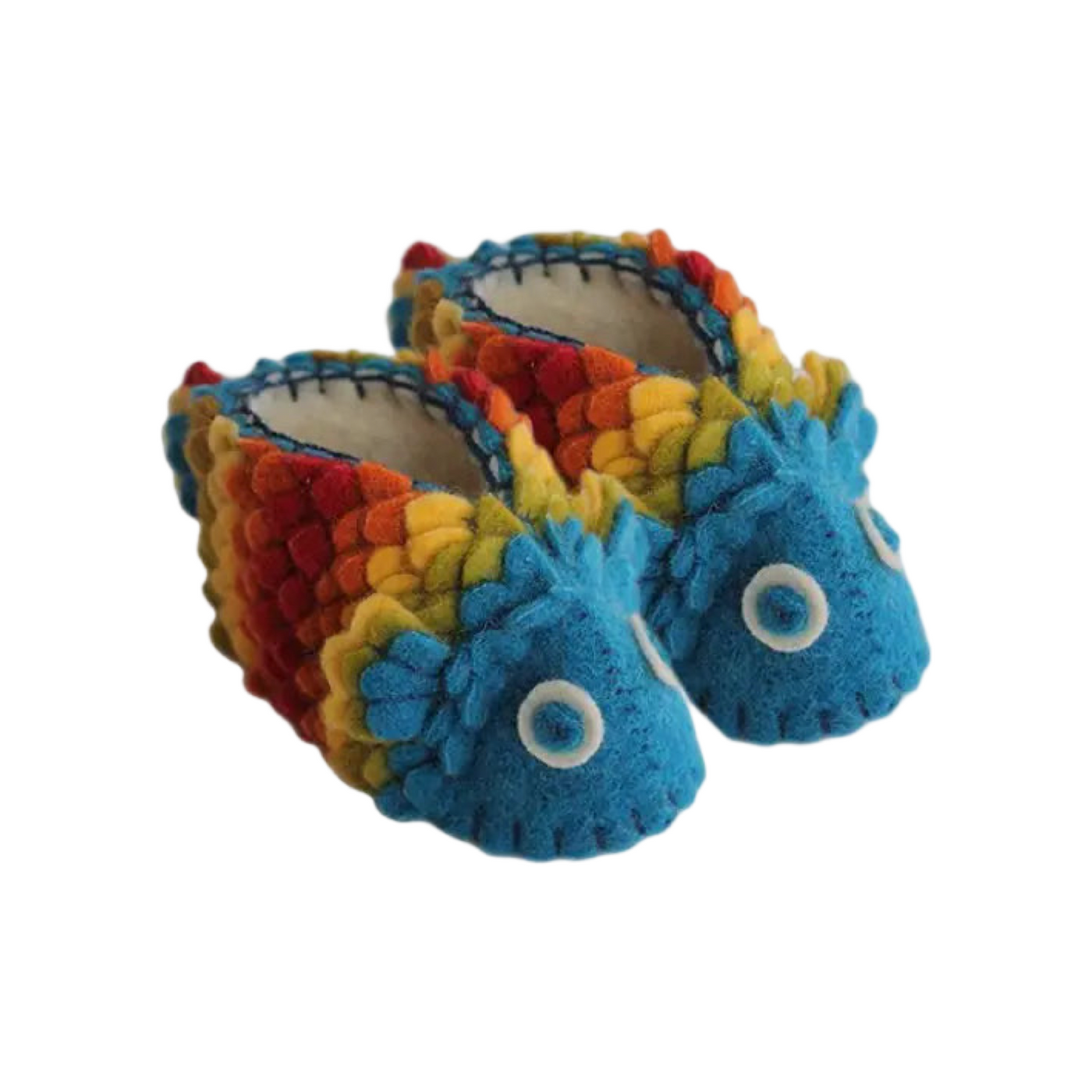 set of wool fish shaped booties in the color blue, yellow, red, green and orange.