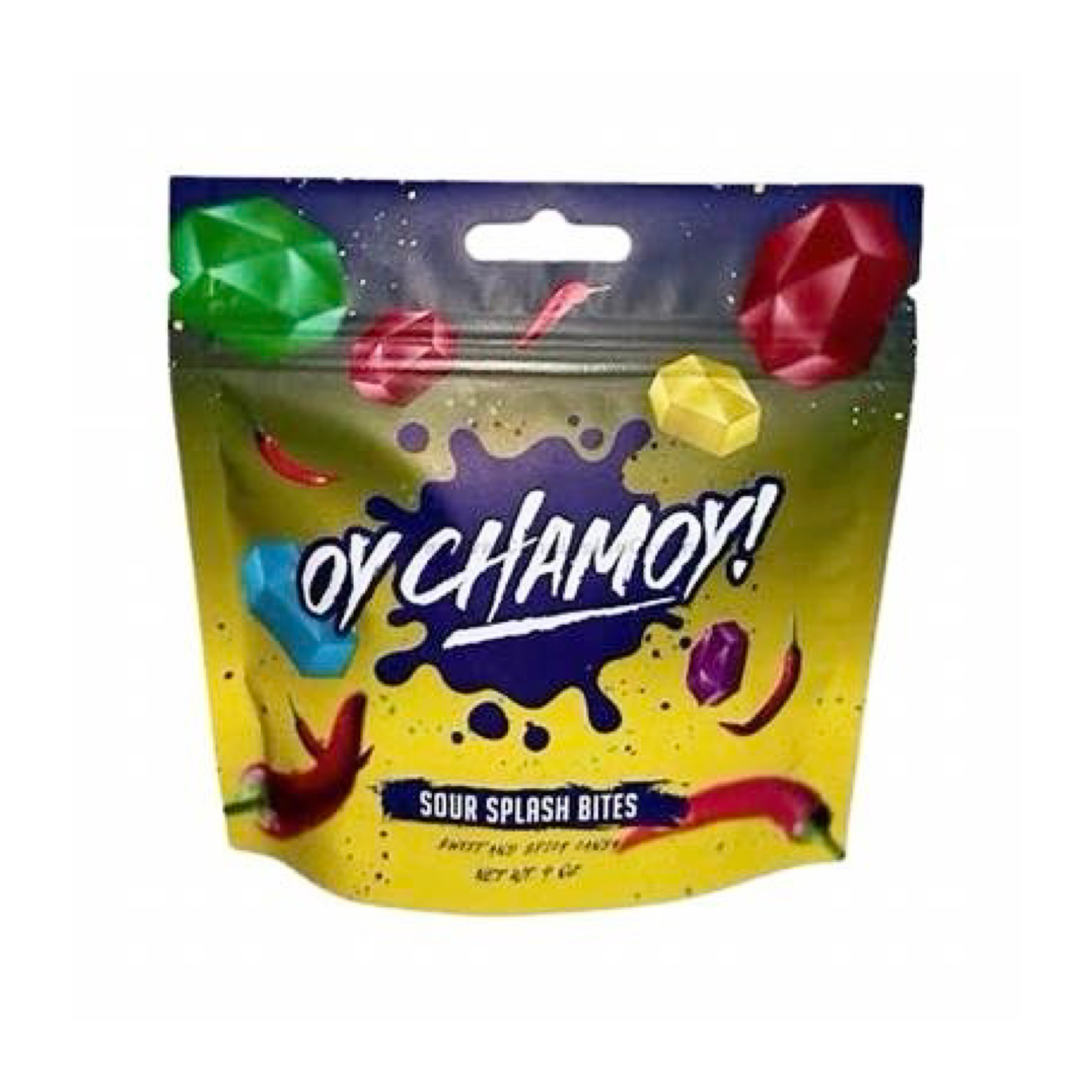 4 oz yellow and purple ombre bag of sour splash bites candy featuring images of gusher candies and chili peppers.