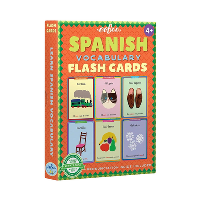 orange box of Spanish flash cards with branded labeling featuring images of 6 flash cards.