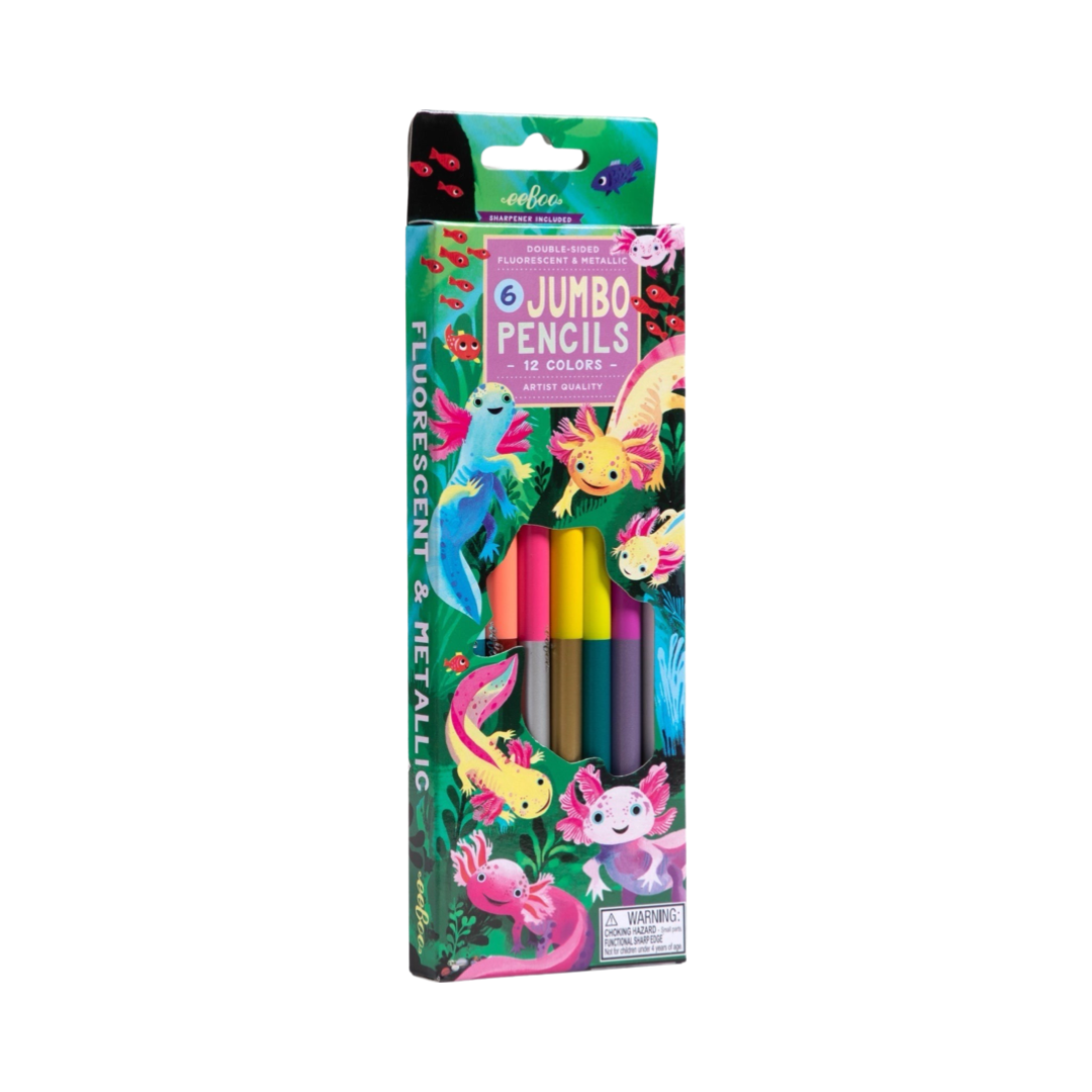 box of jumbo colored pencils with branded packaging that features illustrations of multi-colored axolotls.