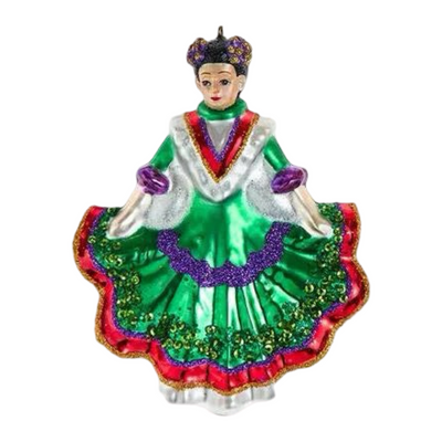 Glass ornament of a traditional Mexican dancer in a flowing green dress.