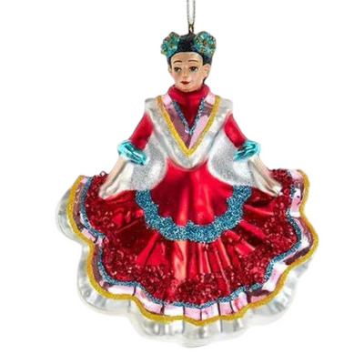 Glass ornament of a traditional Mexican dancer in a flowing red dress.