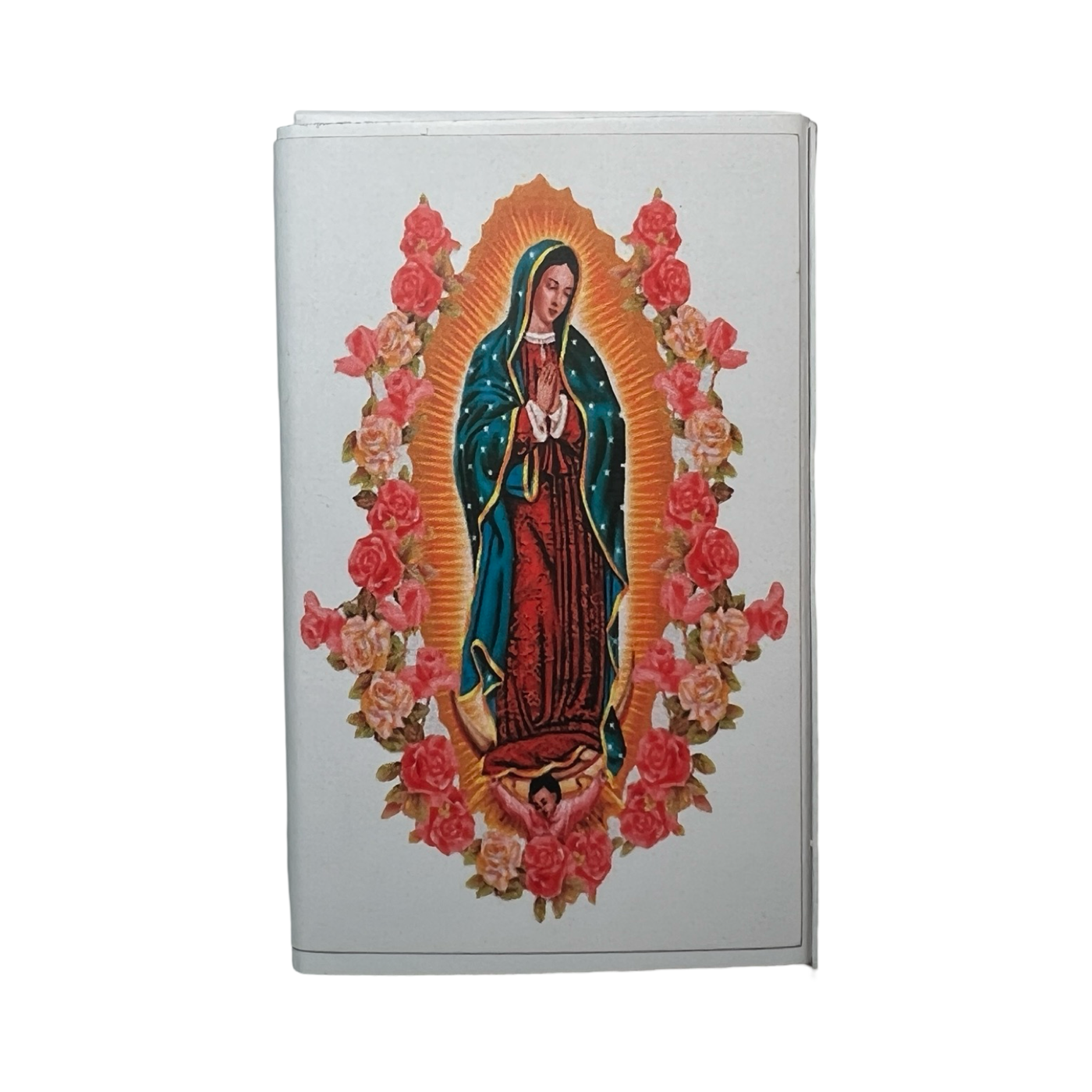 white matchbox with an image of the Virgin Mary.