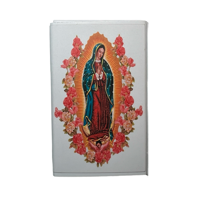 white matchbox with an image of the Virgin Mary.