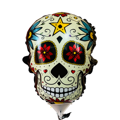 black Sugar Skull shaped mylar balloon with a traditional sugar skull and floral design