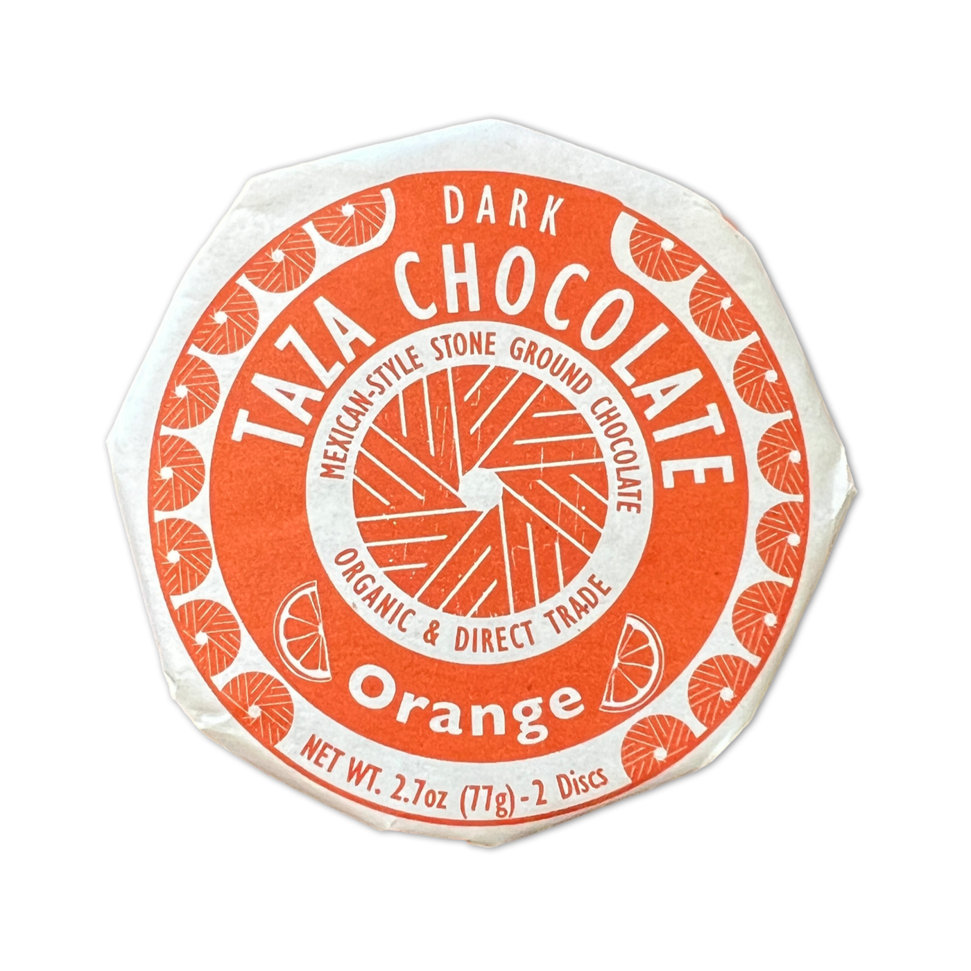 2.7 oz disc of 50% dark chocolate with orange wrapped in white and orange branded paper.