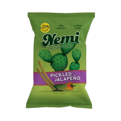 1.7 oz green bag of pickled jalapeno cactus snacks featuring an image of a cactus and jalapeno pepper