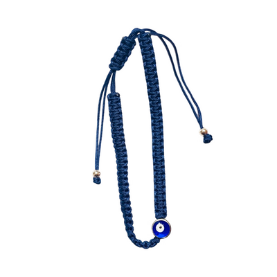 Blue braided string bracelet with evil eye charm.