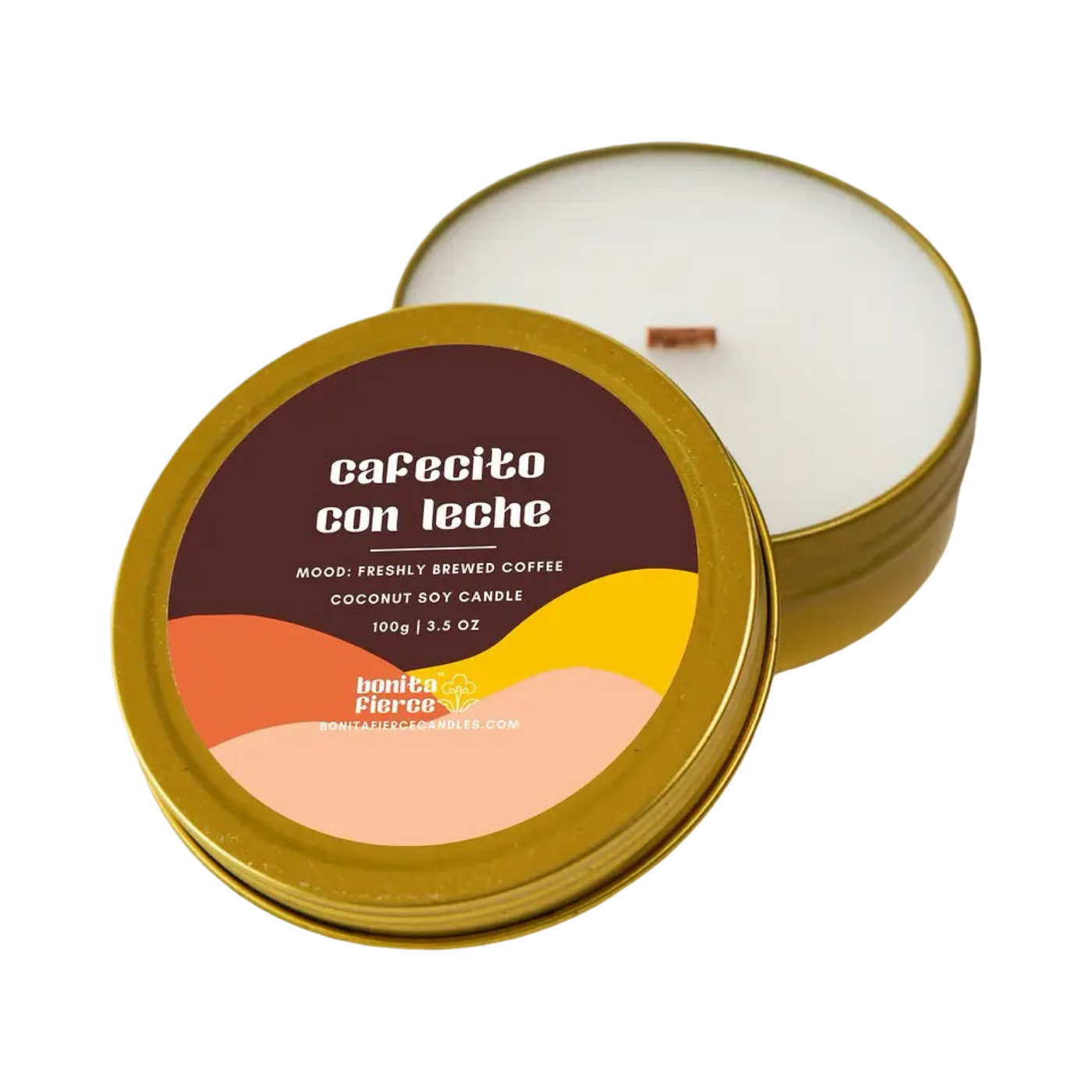 3.5  oz white candle in a gold tin jar with a wooden wick and a multi-colored banded label with the name Cafecito Con Leche.