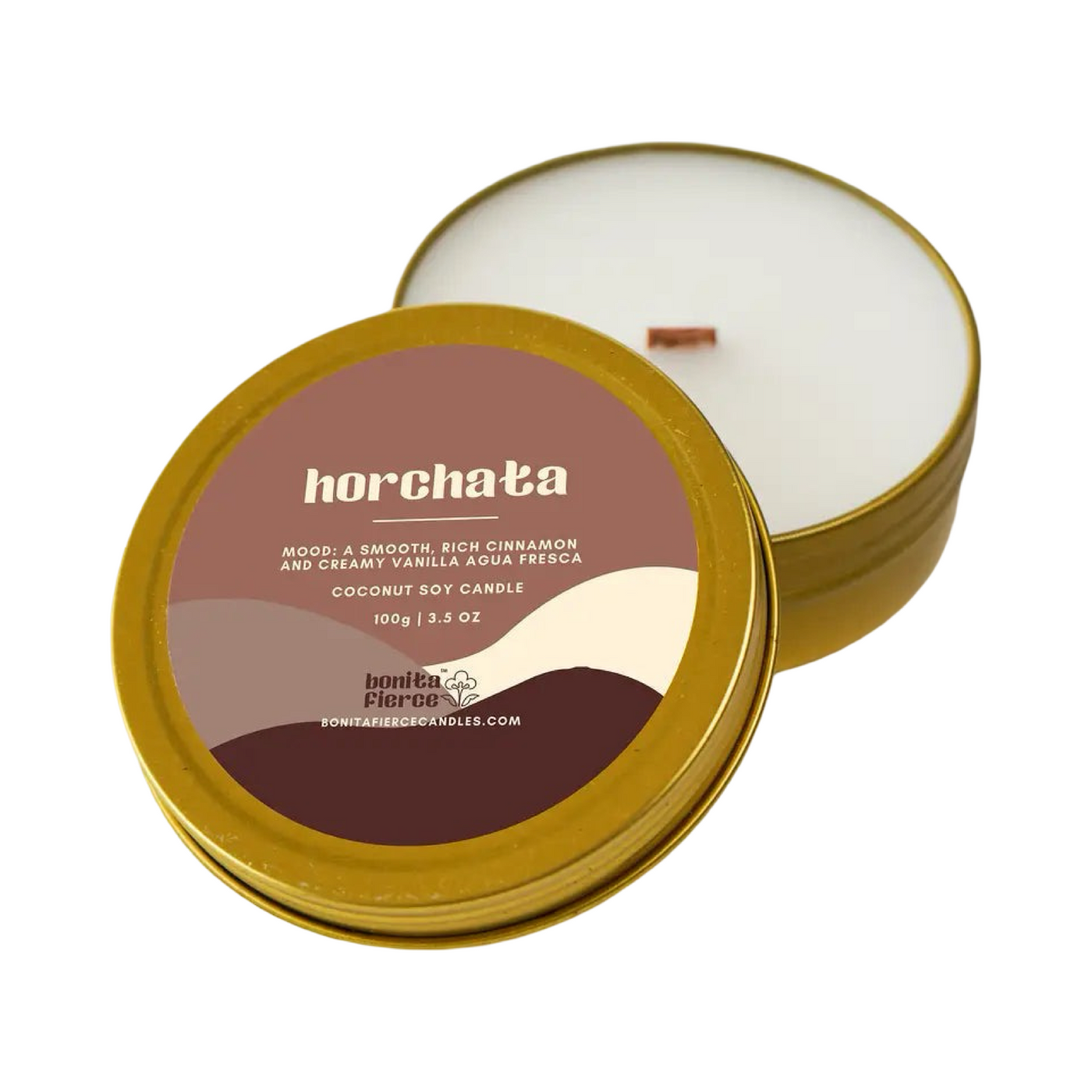 3.5 oz gold tin with a white candle and features a branded label that says Horchata