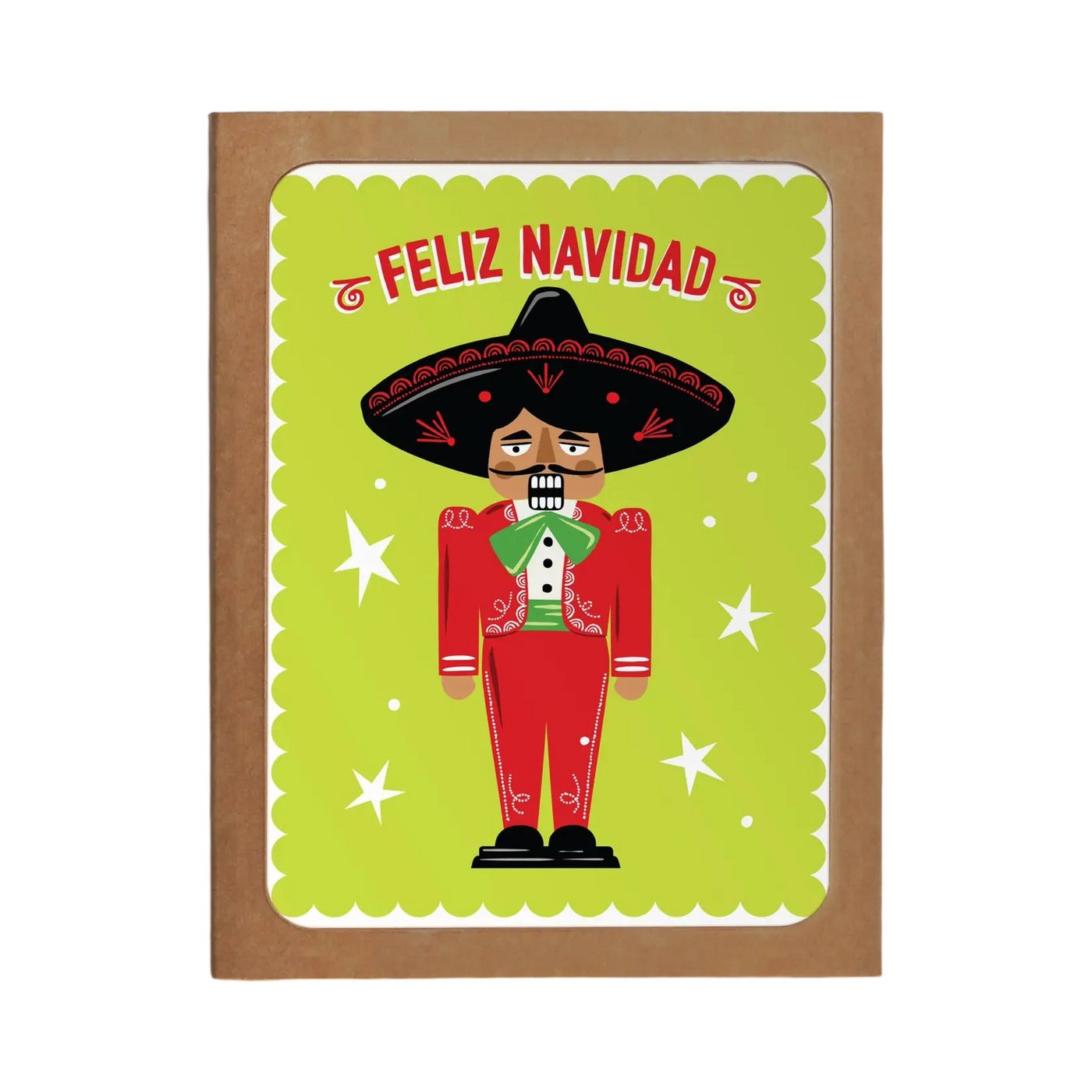 green card with white stars featuring a Mariachi Nutcracker wearing a red charro and the phrase Feliz Navidad in red lettering.