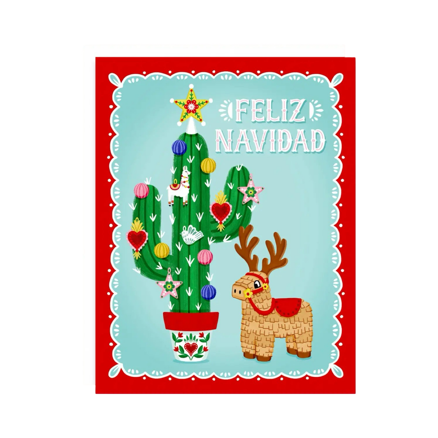 A light blue with red border card featuring a festive cactus adorned with ornaments and topped with a star, alongside an adorable piñata reindeer and the phrase Feliz Navidad