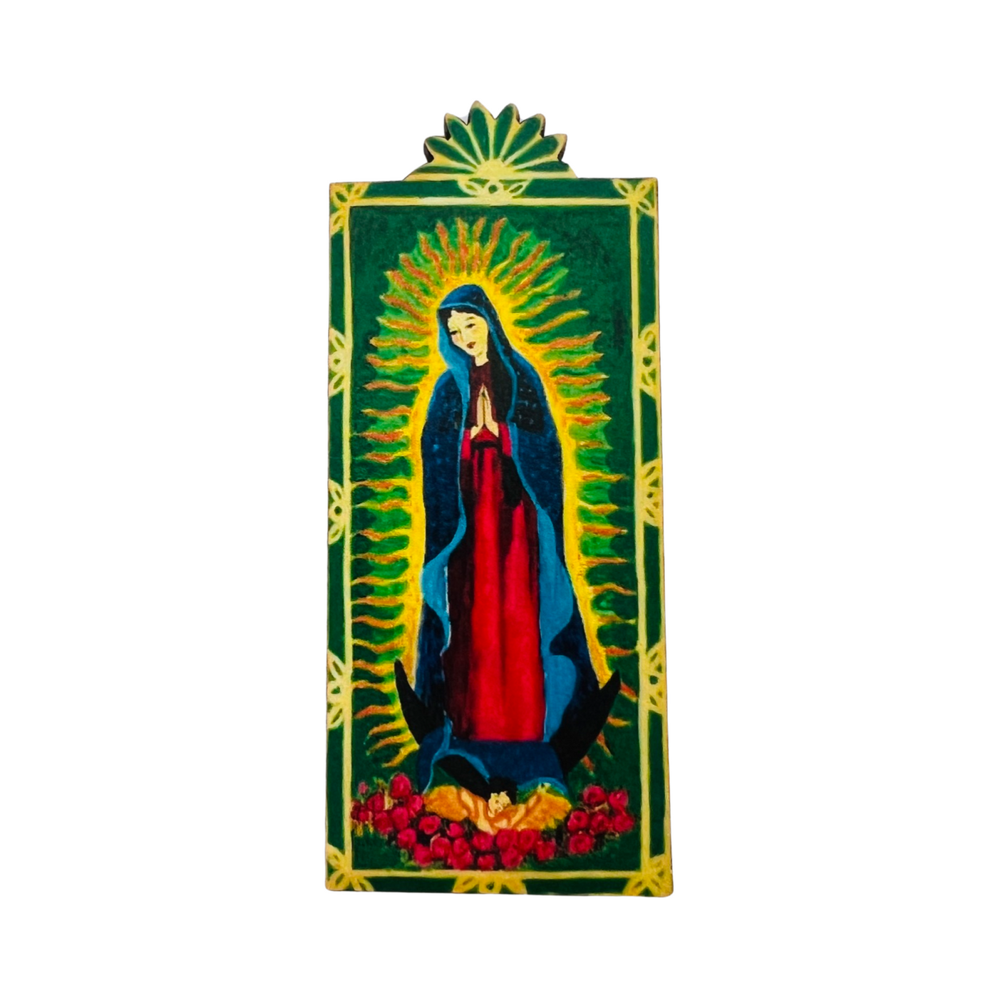 green retablo with an image of the Virgin Mary
