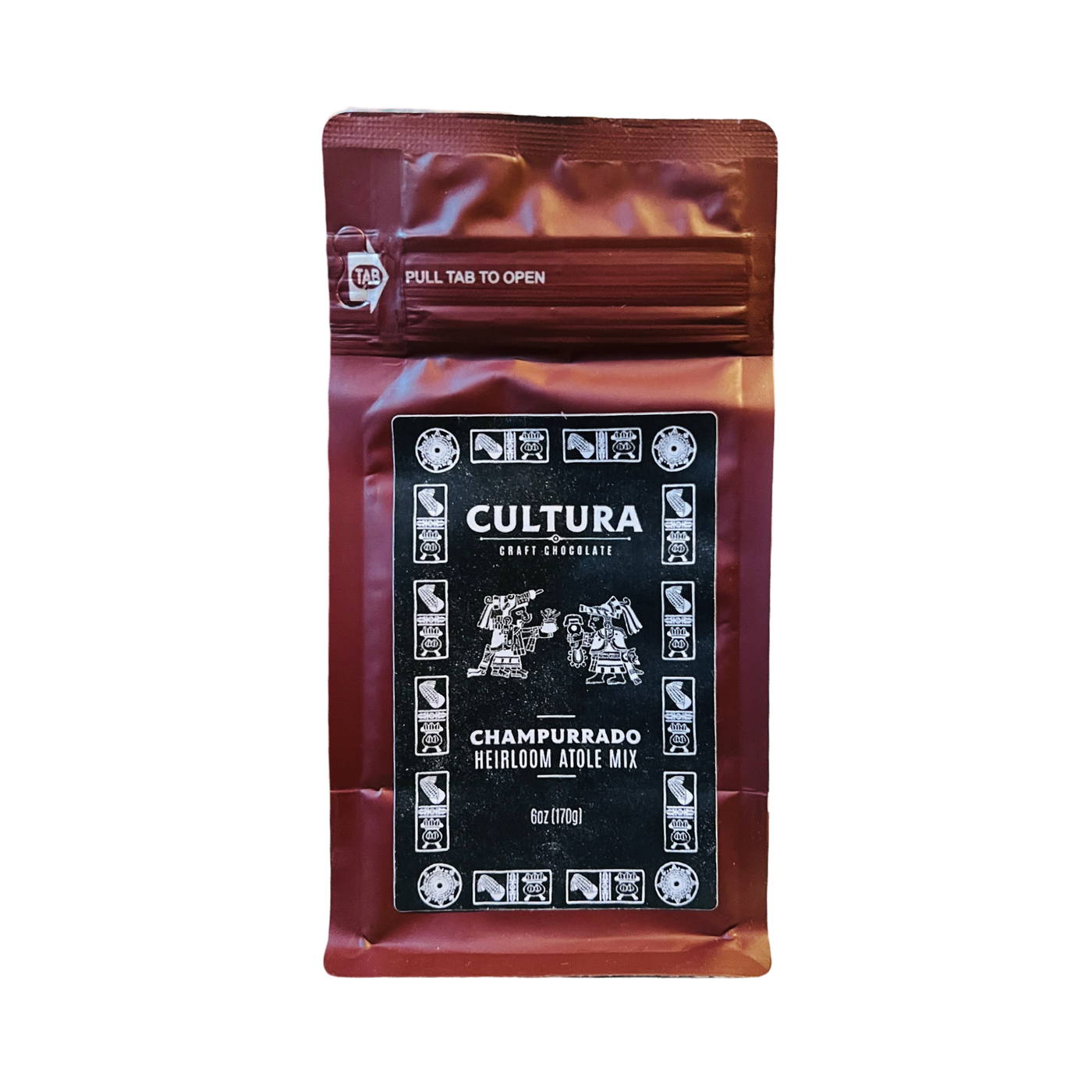 Package of Cultura Champurrado Heirloom Atole Mix, 6 oz (170g). The packaging is a rich brown color with traditional-inspired black and white graphics and text detailing the artisanal nature of the mix