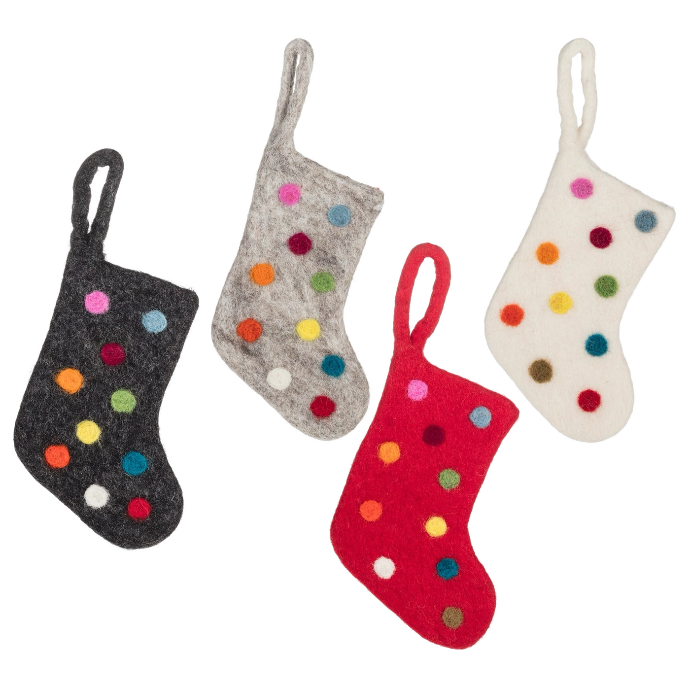 Set of four felt holiday stockings in various colors—black, gray, red, and cream—each adorned with colorful felt pom-poms and hanging loops.