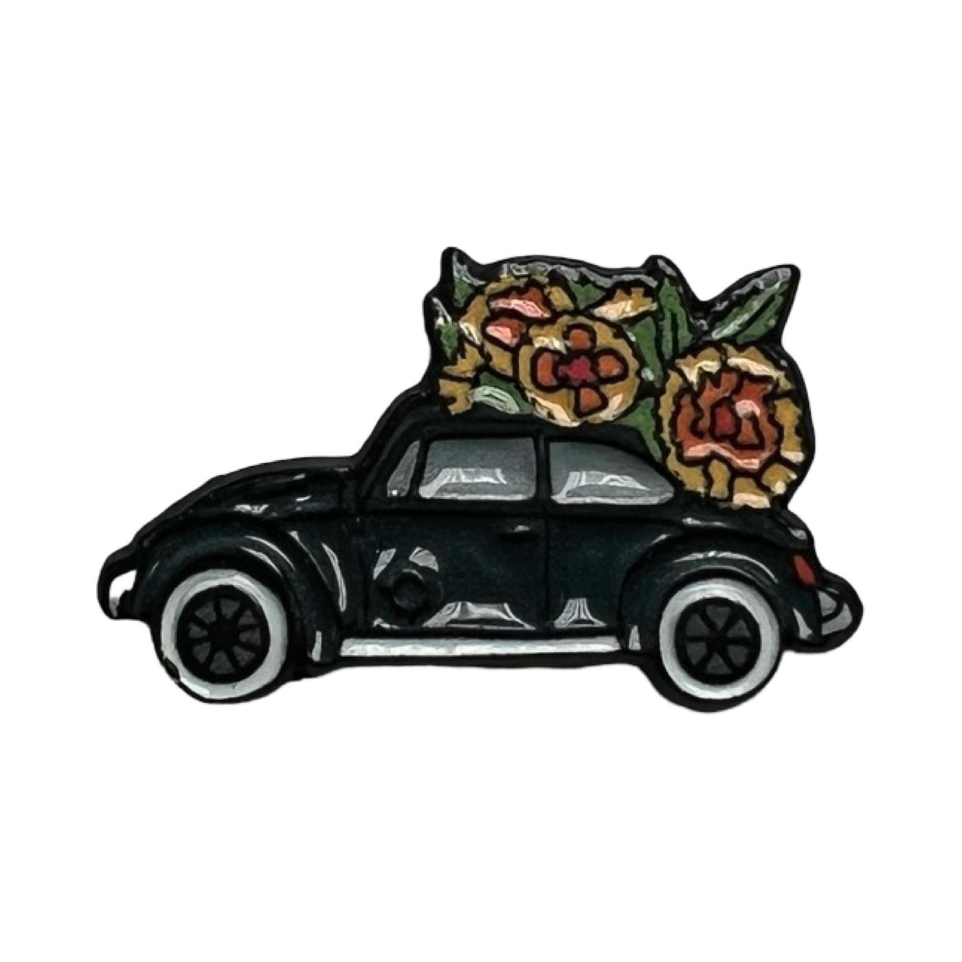 Mini enamel pin of a black Beetle car topped with a vibrant bouquet of marigold flowers, inspired by Dia de Muertos traditions.