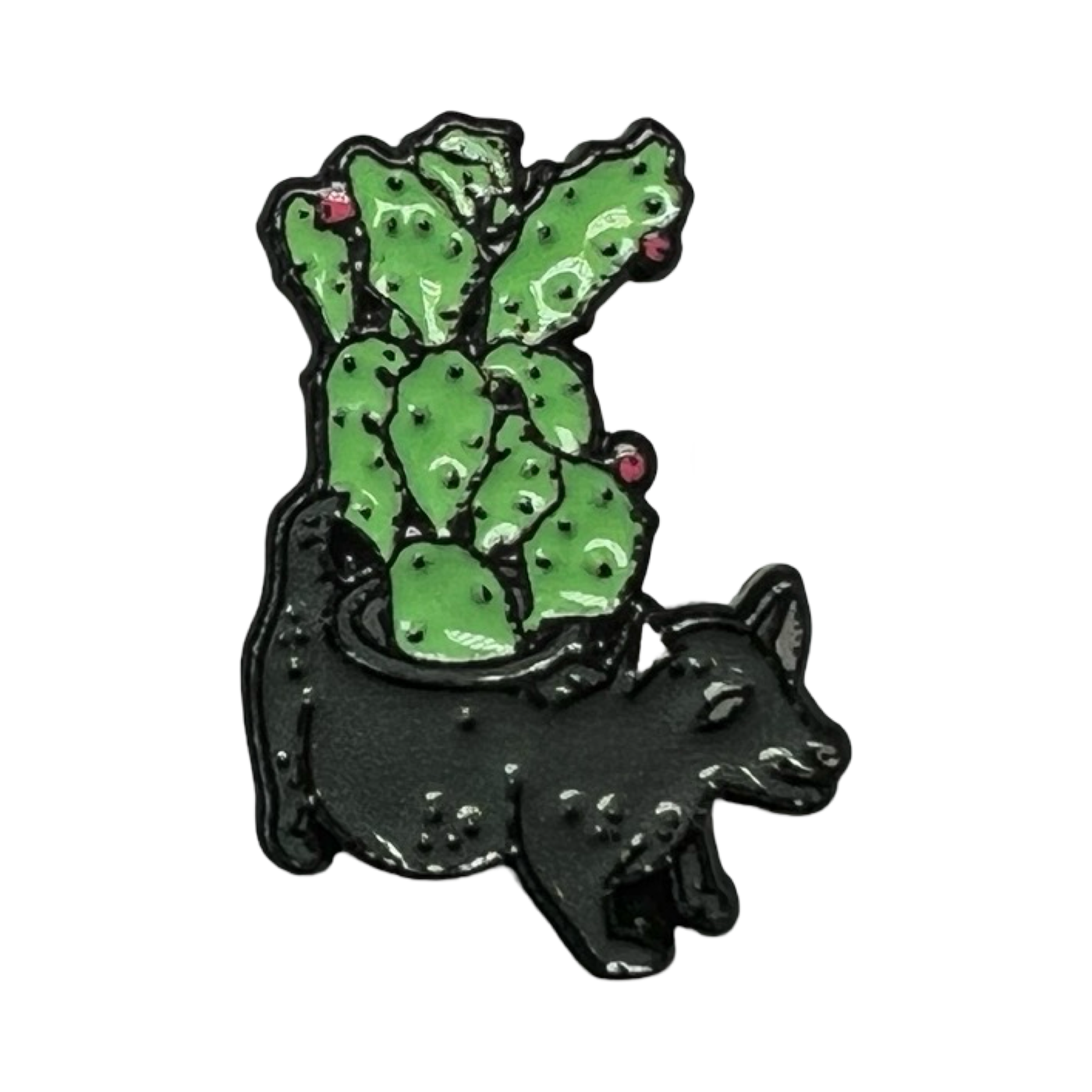 Mini enamel pin depicting a black dog-shaped planter holding a green cactus with small pink flowers.