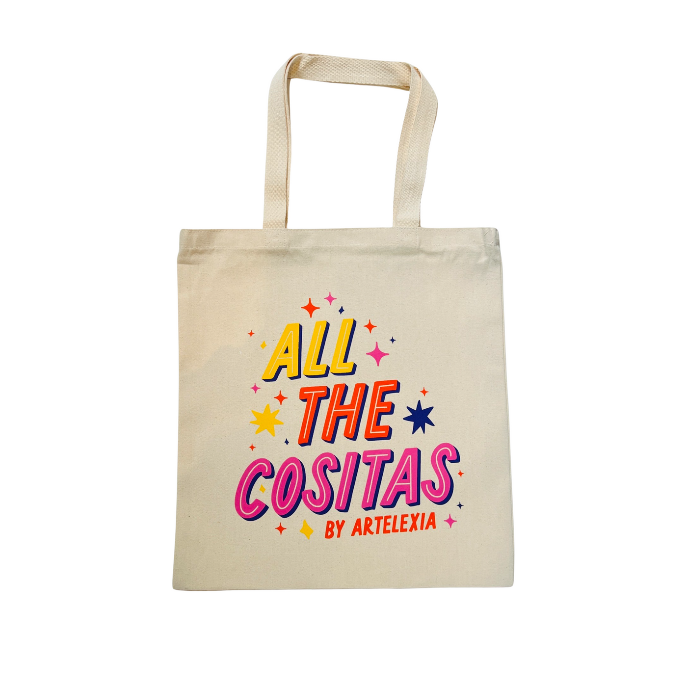 canvas tote bag with the pharse All The Cositas in Yellow, Orange and Pink lettering