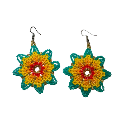 A pair of handmade floral earrings crafted from multicolor seed beads in a vibrant design, featuring green petals and a colorful circular pattern in the center.