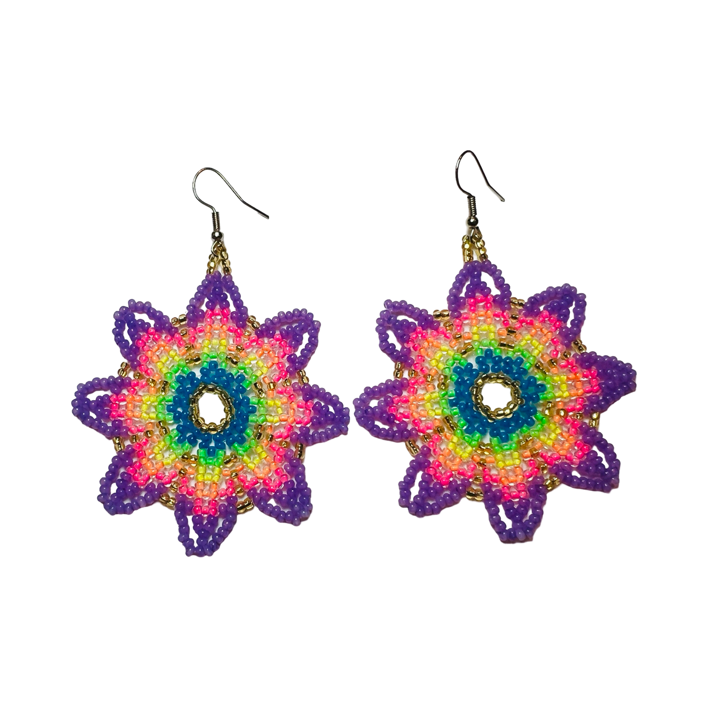 A pair of handmade floral earrings crafted from multicolor seed beads in a vibrant design, featuring purple petals and a colorful circular pattern in the center.