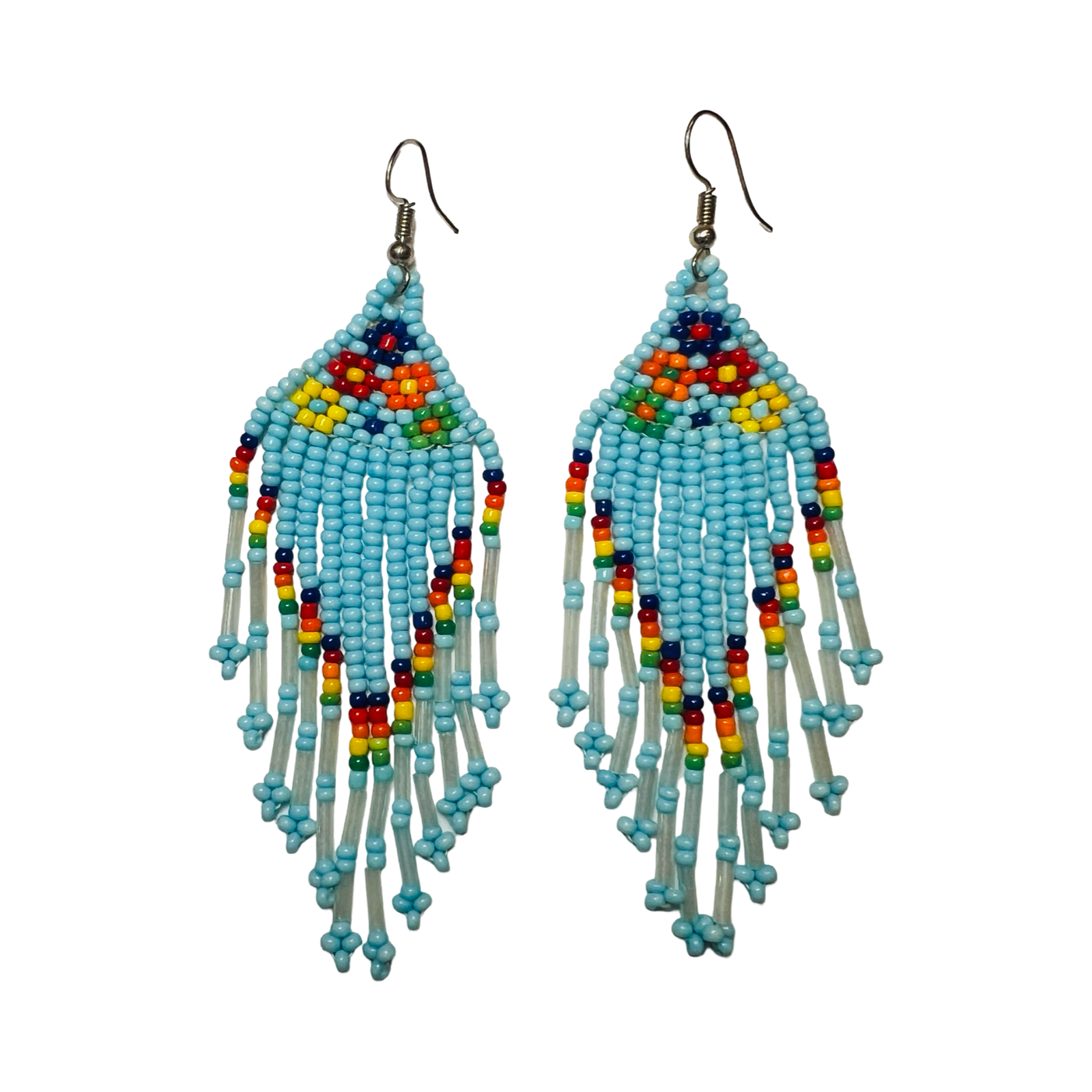 A pair of handmade blue seed bead earrings with a triangular design featuring multicolor accents at the top, and long cascading strands of beads below.