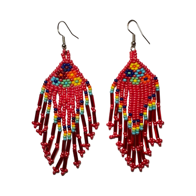 A pair of handmade red seed bead earrings with a triangular design featuring multicolor accents at the top, and long cascading strands of beads below.