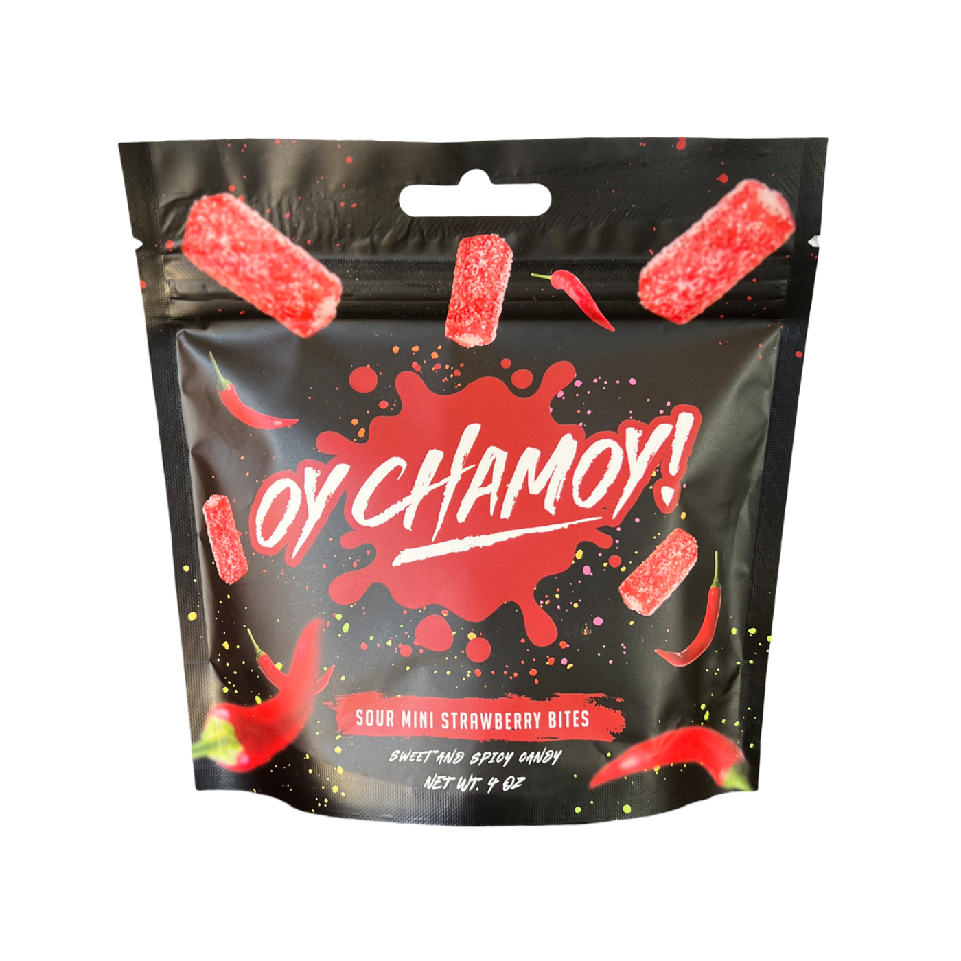 4 oz black pouch of sour mini strawberry bites with images of red peppers and red candy bites