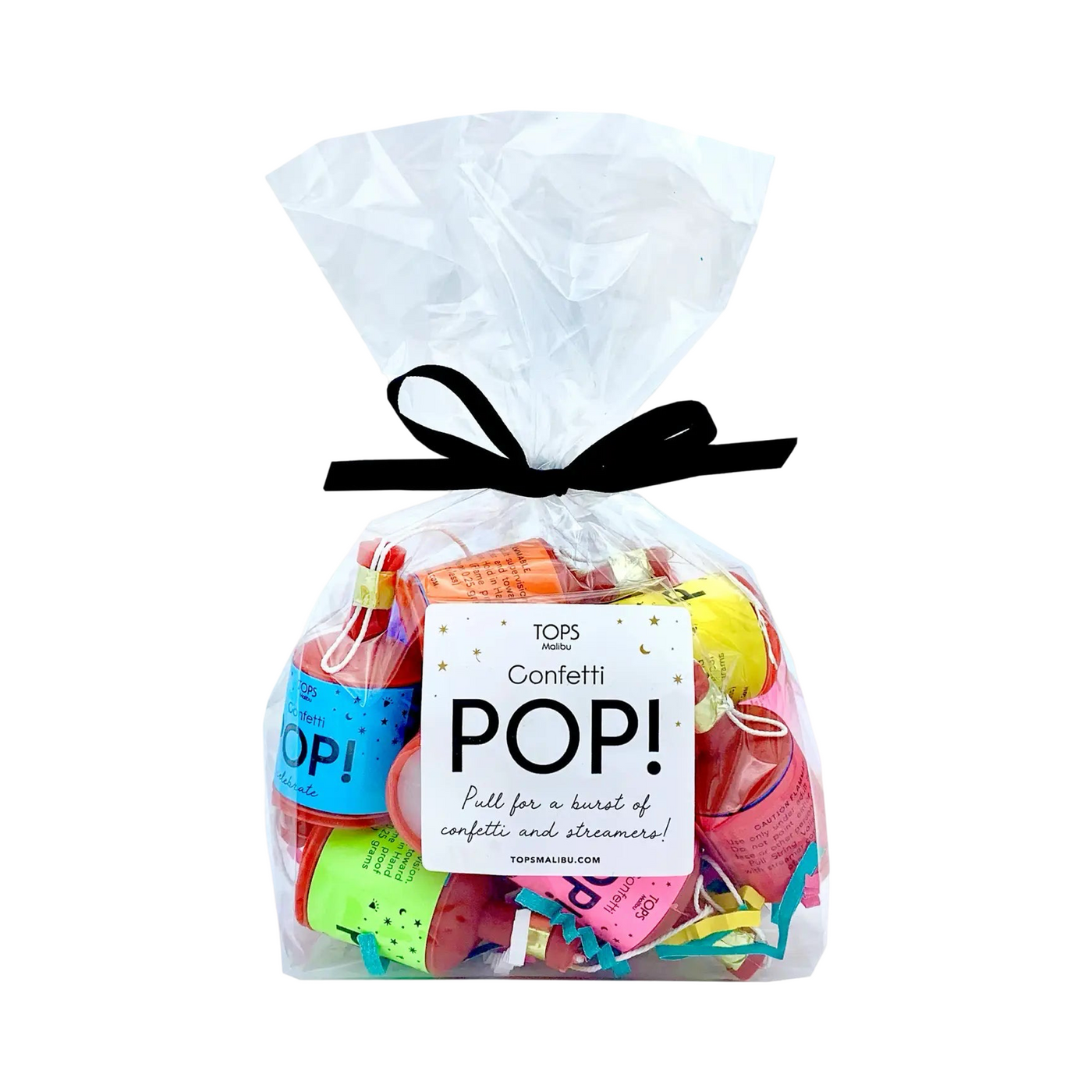 A clear bag tied with a black ribbon containing multiple Mini Confetti Pop! Streamers in colorful designs, ready to add fun and excitement to any celebration.