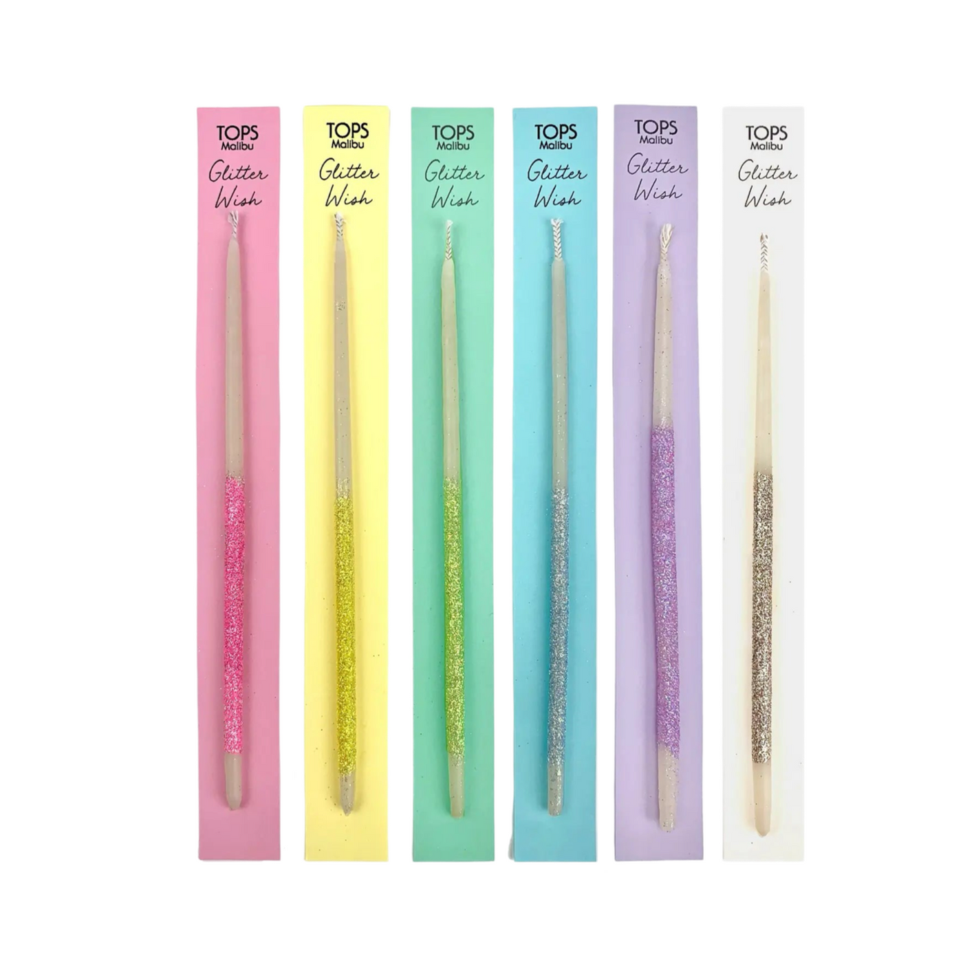 A set of colorful Glitter Wish candles in individual pastel packaging, featuring vibrant glitter details, ideal for enhancing celebratory moments.