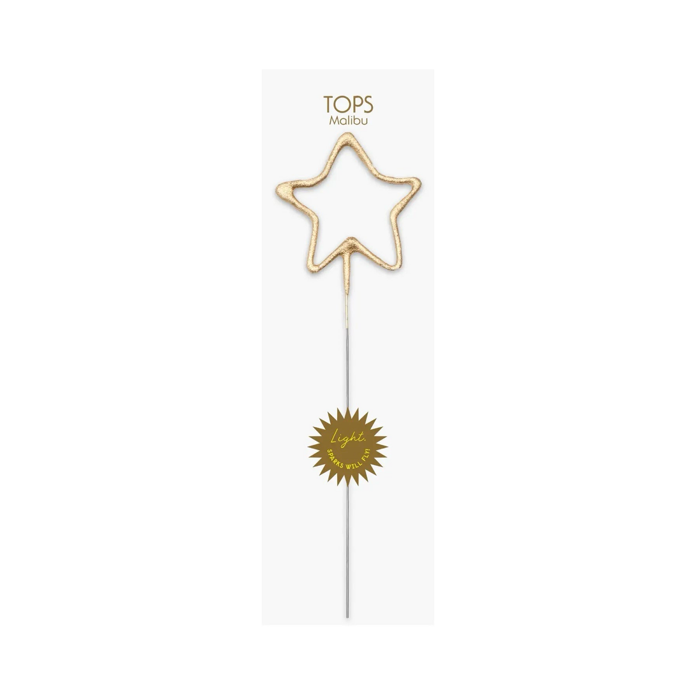 Gold star sparkler card by TOPS Malibu, featuring a star-shaped sparkler with a gold finish attached to a card. Perfect for celebrations and special occasions.