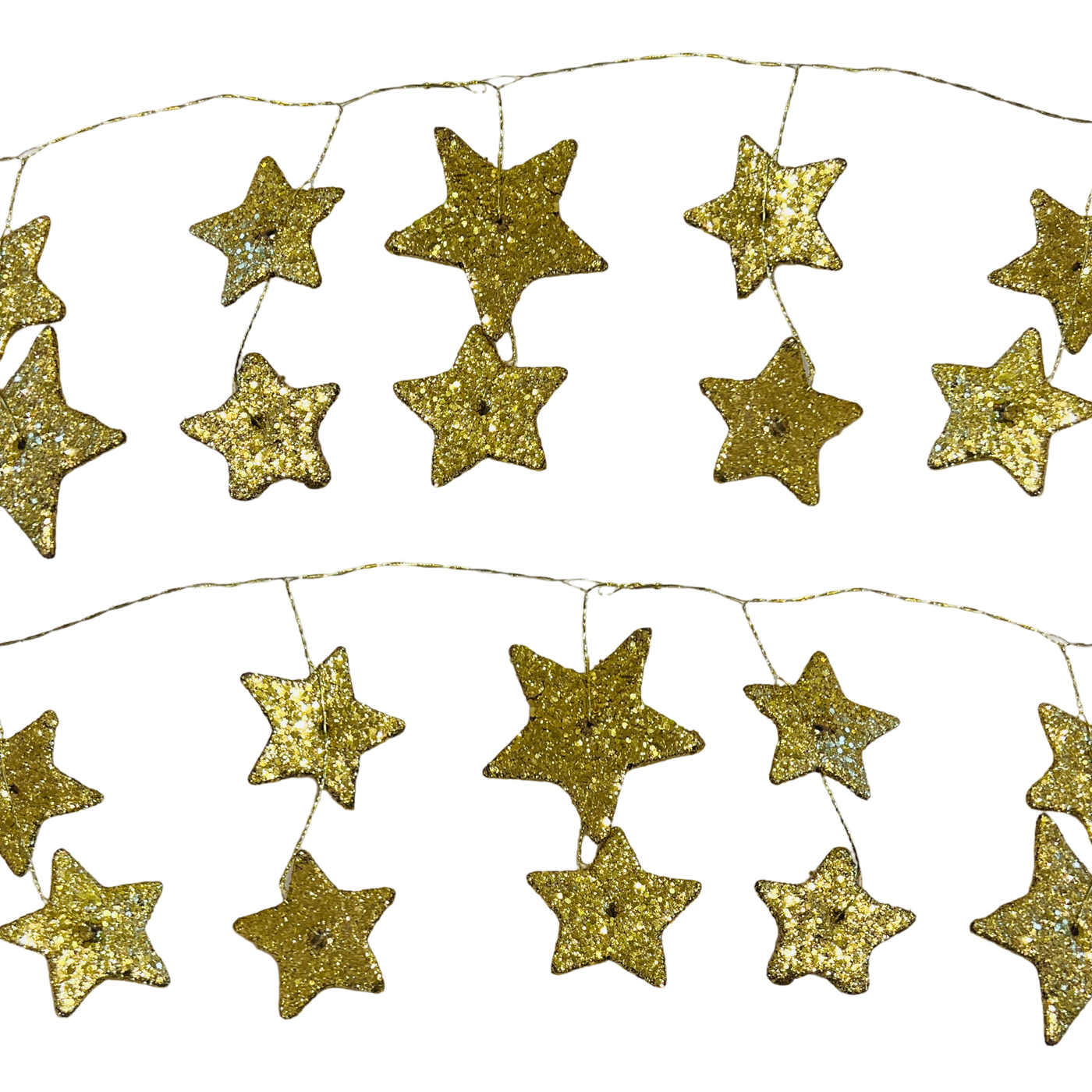 close up view of a shimmering gold star garland featuring glittery stars of varying sizes, strung together on a delicate wire, perfect for adding sparkle to holiday or celebratory decor.