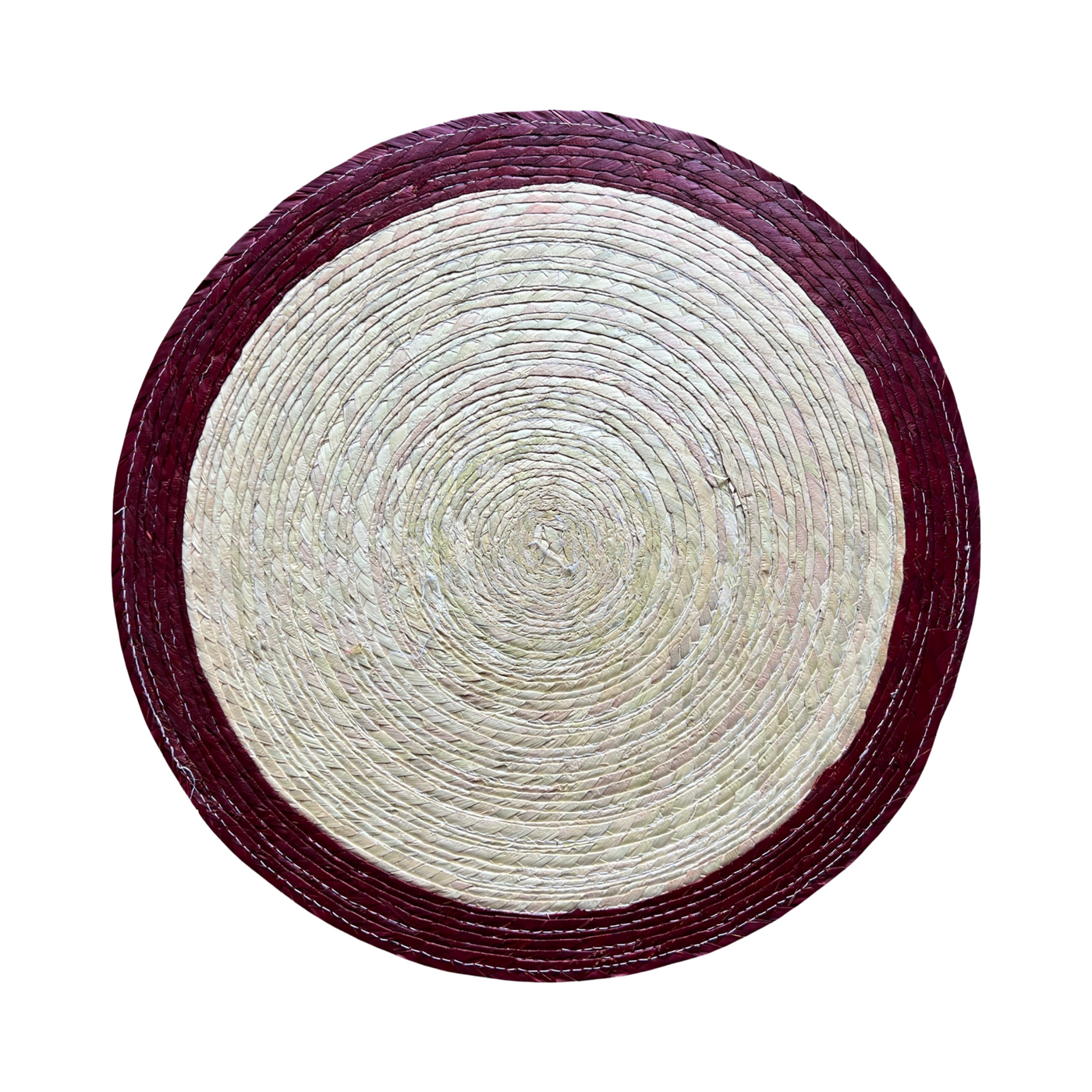 Round natural colored palm placemat with an maroon border