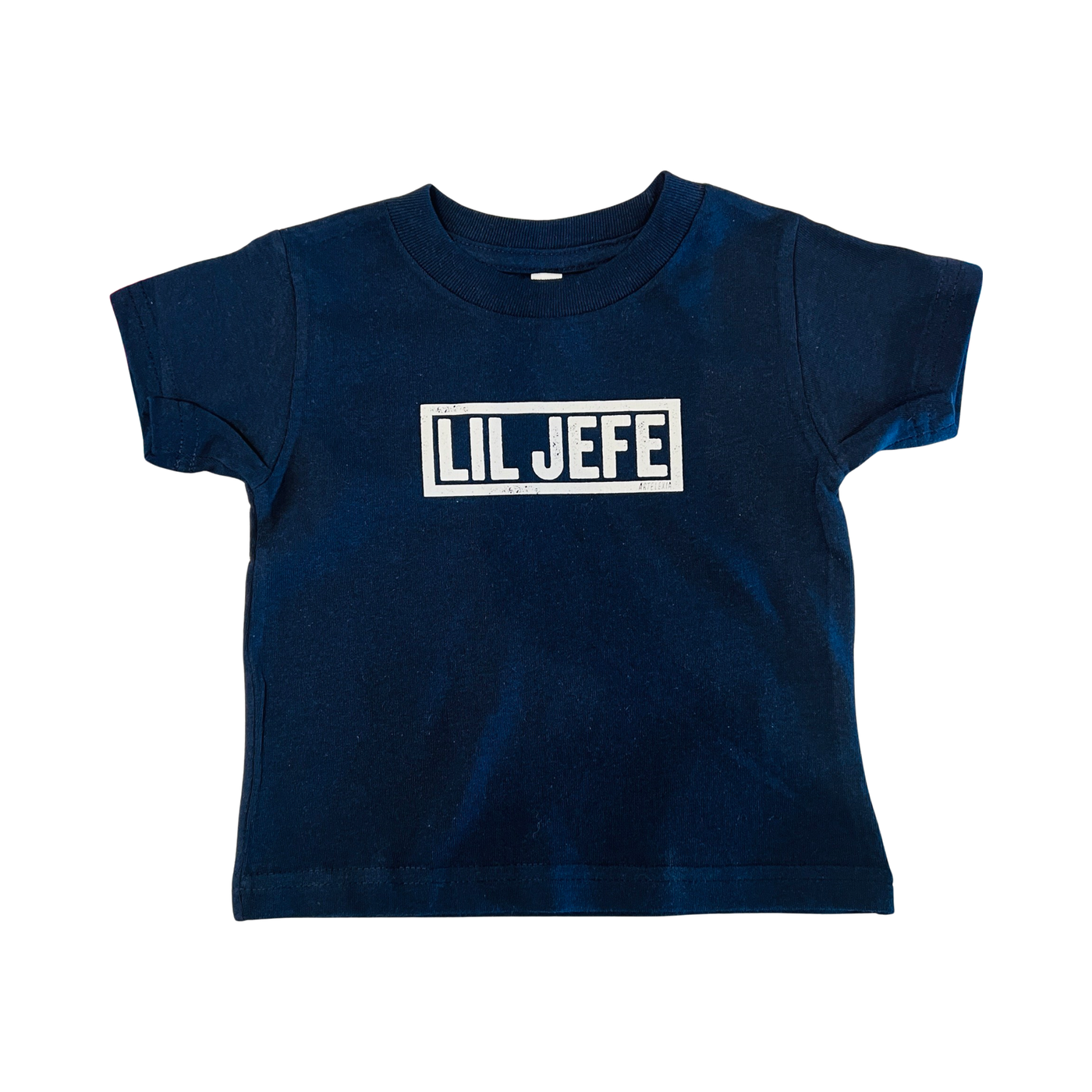 Dark navy blue shirt with the phrase Lil Jefe in white lettering