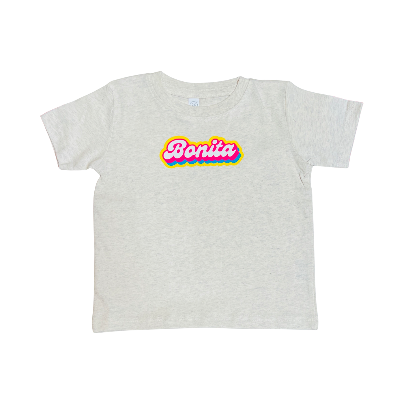 Light beige shirt with the phrase Bonita in white, pink and yellow lettering.