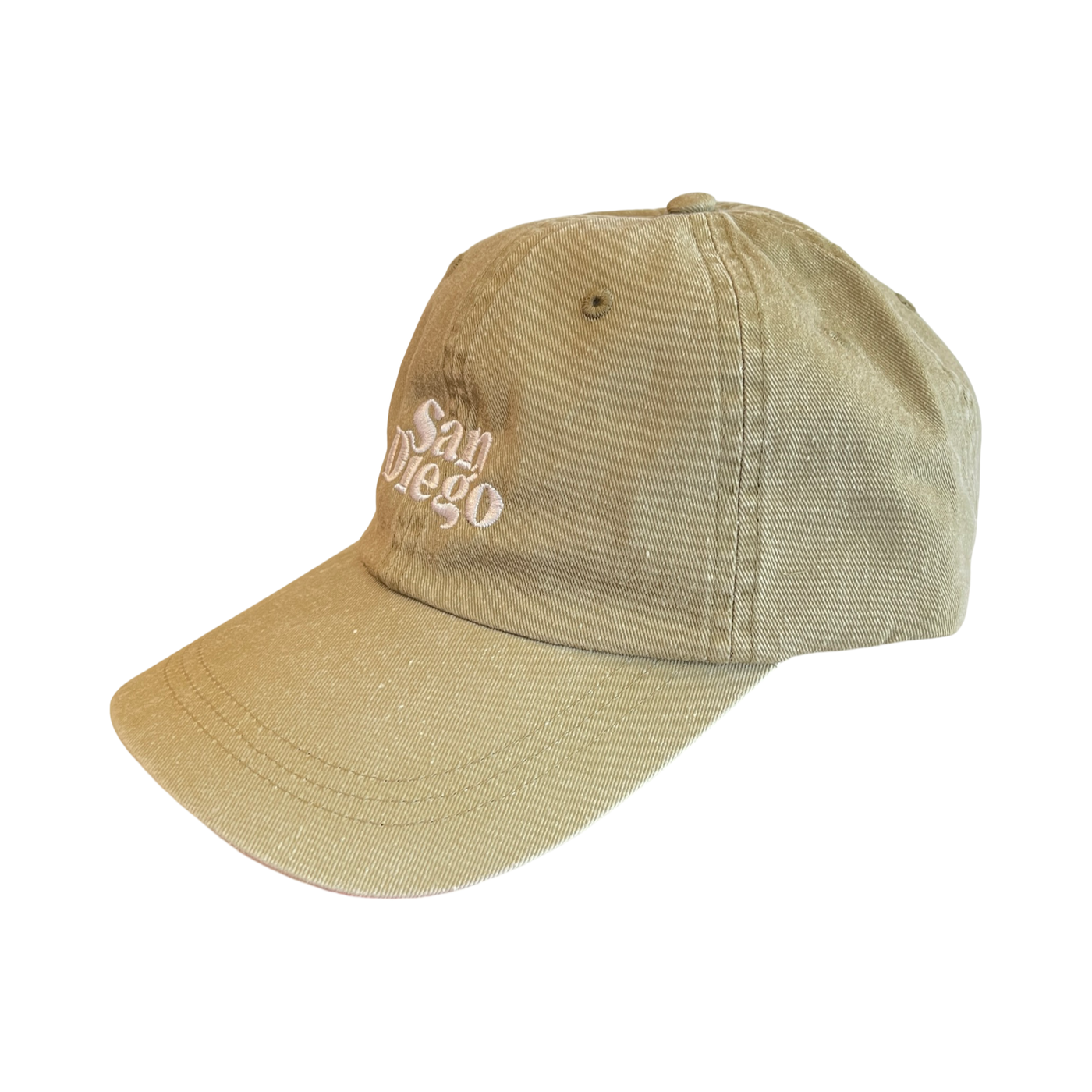 side view of a Khaki hat with the word San Diego in white lettering