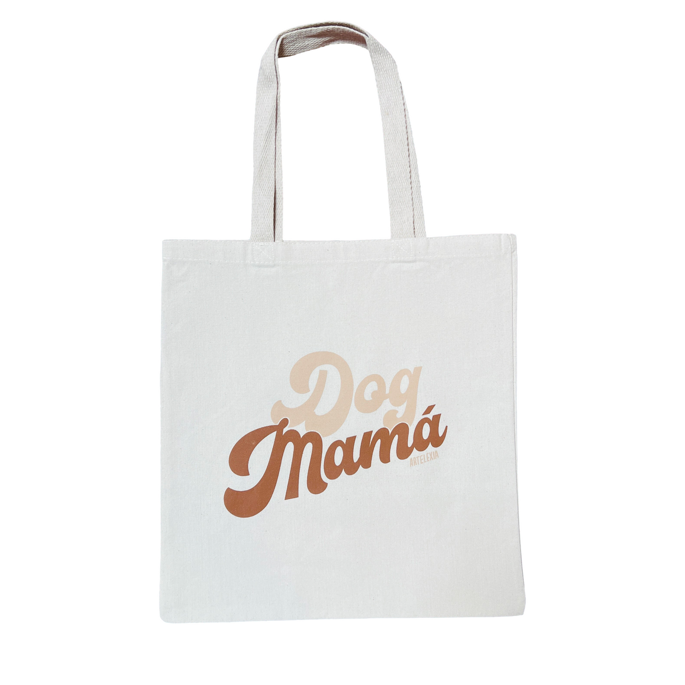 Beige canvas tote with the phrase Dog Mama in two shades of brown