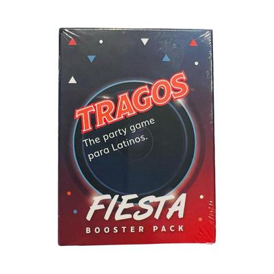 Tragos Fiesta Booster Pack box featuring a dark blue and red gradient design with confetti accents, the text "The party game para Latinos," and bold "Fiesta" lettering at the bottom.