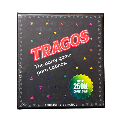 Tragos party game box featuring a black design with colorful confetti-like triangles, the text "The party game para Latinos," and a badge highlighting "Over 250K copies sold!" in English and Spanish.