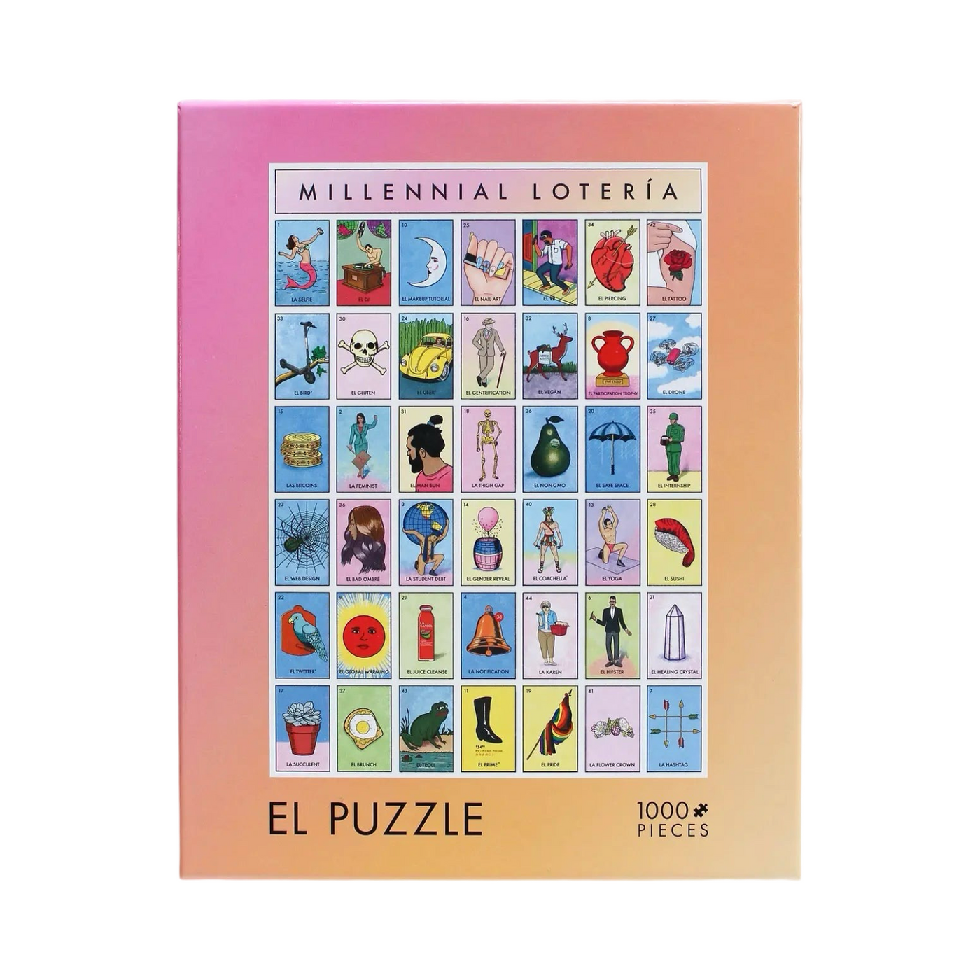 Millennial Lotería El Puzzle box featuring a vibrant gradient background and a grid of colorful, modern Lotería card designs, including humorous and updated illustrations, labeled in Spanish. The box highlights that it contains a 1000-piece puzzle.