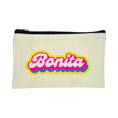 canvas zipper pouch with the word Bonita in white, pink, yellow and blue lettering