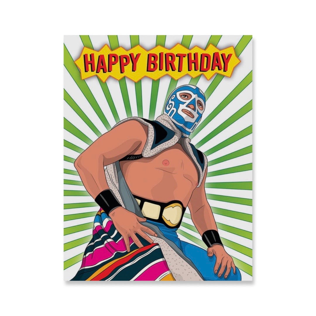 White and green card with a Mexican luchador and the phrase happy birthday above it. 