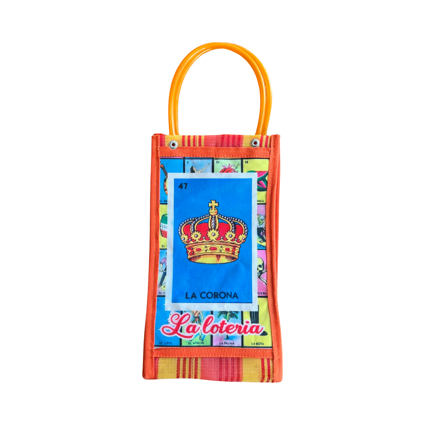 Orange Mexican mesh market bag with an image of the La Corona loteria card.
