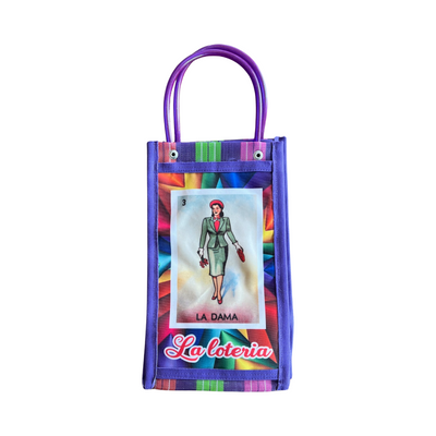 Purple Mexican mesh market bag with an image of the La Dama loteria card.