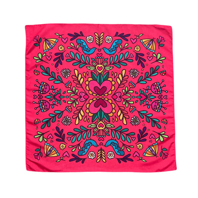 square fuschia scarf with multi-colored floral motifs, butterflies, and birds,