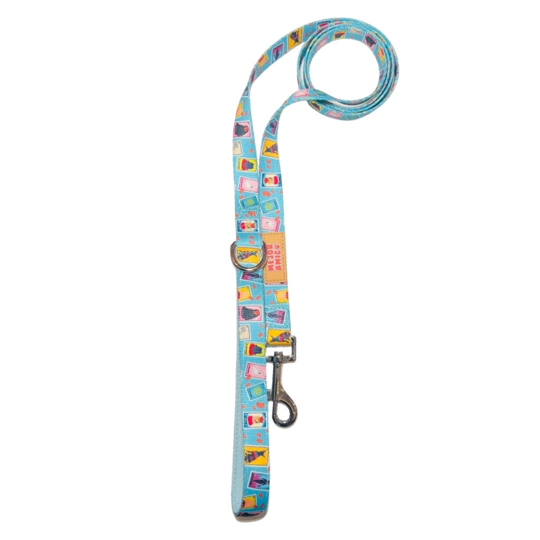 Teal blue dog leash with a dog themed loteria design
