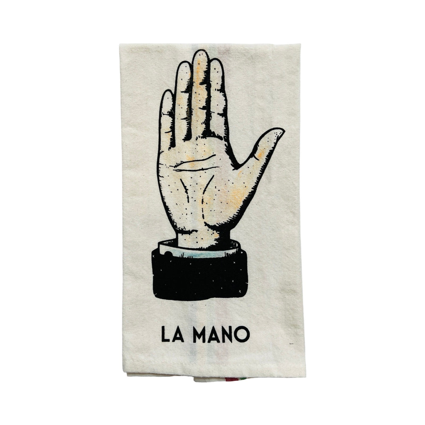 natural floursack towel folded in quarters with an illustration of a hand and the phrase La Mano.